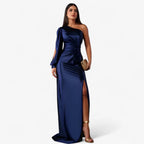 Asymmetric One-Shoulder Satin Dress with Front Knot