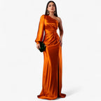 Asymmetric One-Shoulder Satin Dress with Front Knot