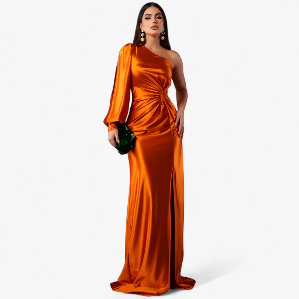 Asymmetric One-Shoulder Satin Dress with Front Knot