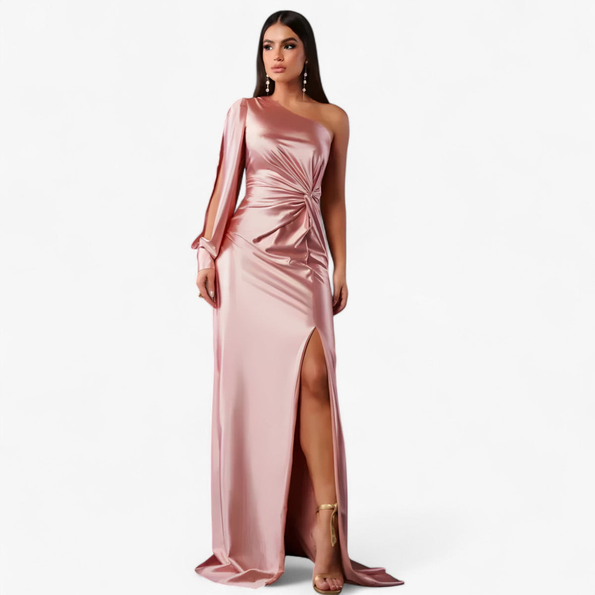 Asymmetric One-Shoulder Satin Dress with Front Knot