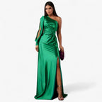 Asymmetric One-Shoulder Satin Dress with Front Knot
