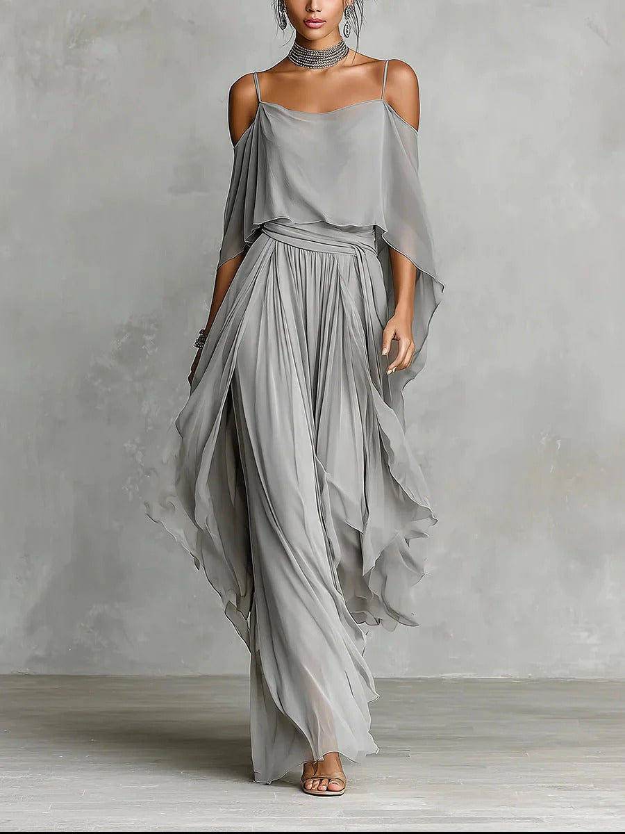 Off Shoulder Two Piece Set with Wide Leg Trousers
