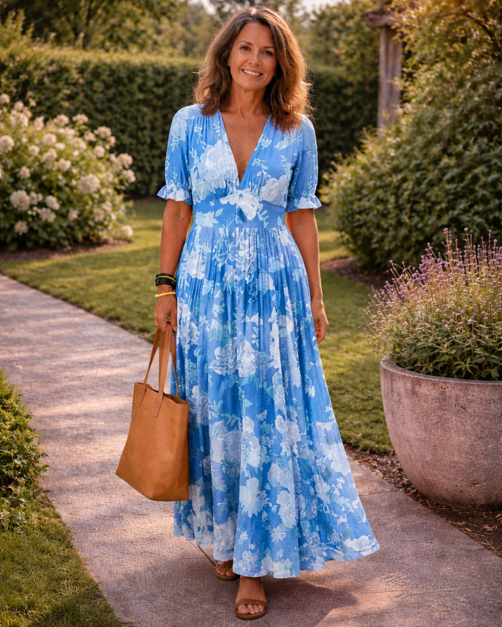 Vestido midi de estampado floral con cuello de pico y manga corta