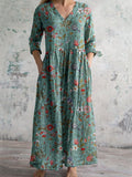 Boho Floral Midi Dress with V Neckline