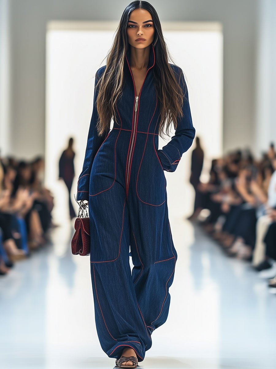 Denim Jumpsuit with Red Topstitching and Wide Leg