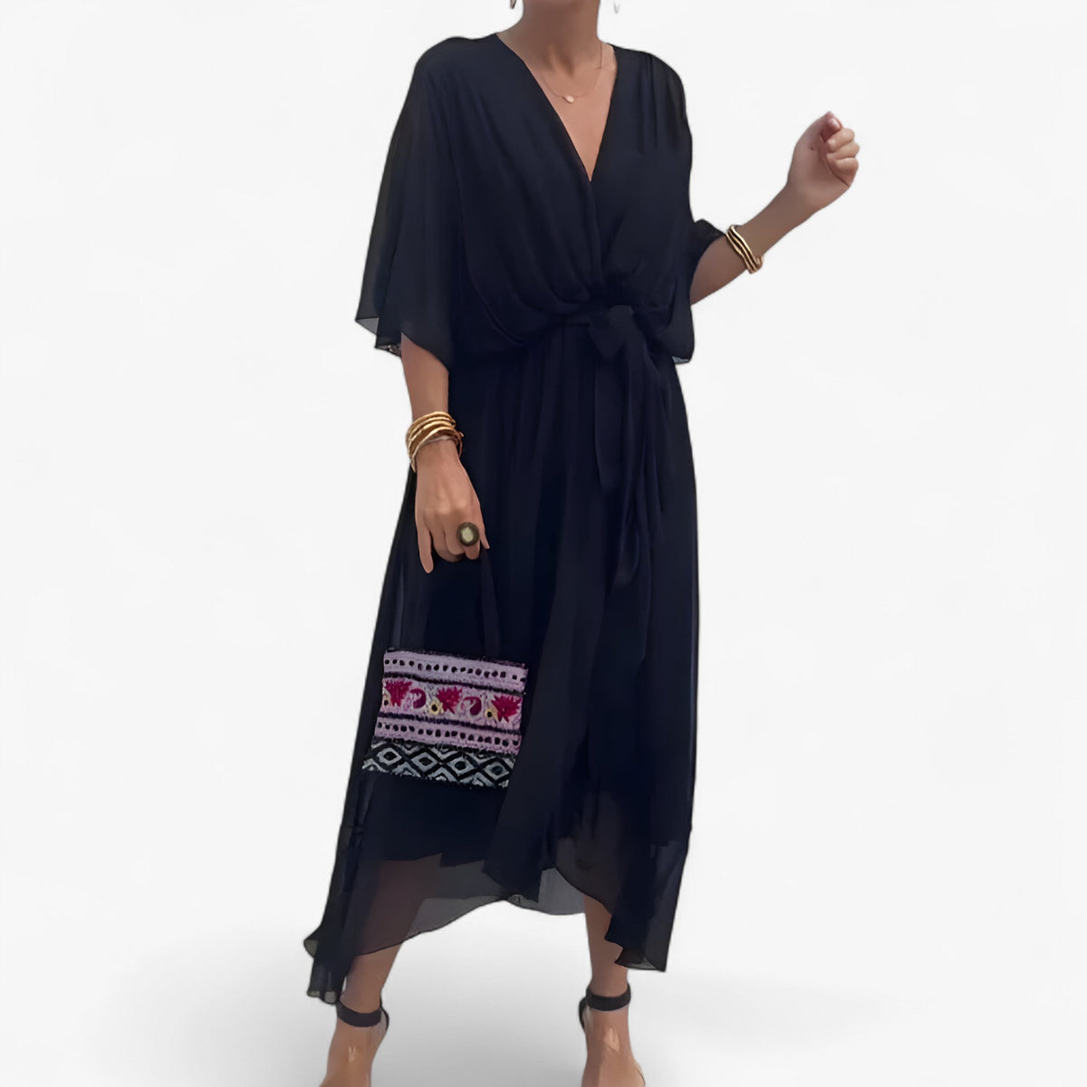 Flowing V-Neck Chiffon Dress for Evenings and Weddings