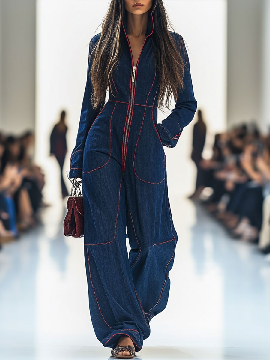 Denim Jumpsuit with Red Topstitching and Wide Leg