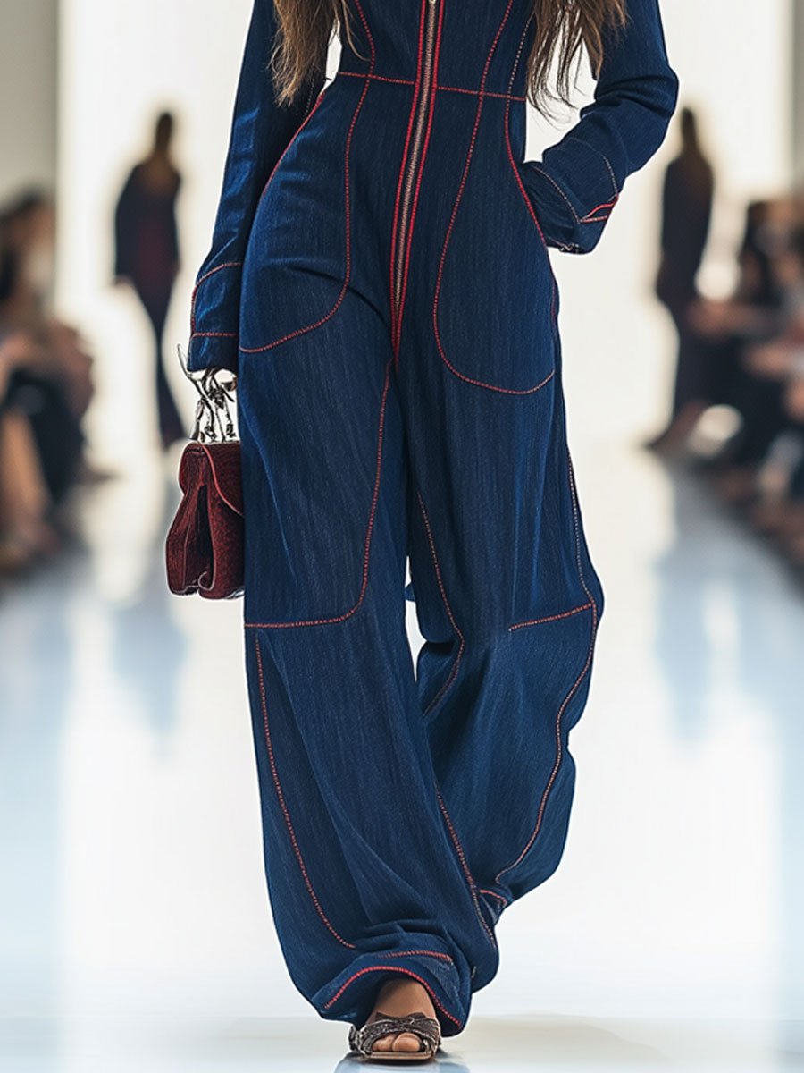 Denim Jumpsuit with Red Topstitching and Wide Leg
