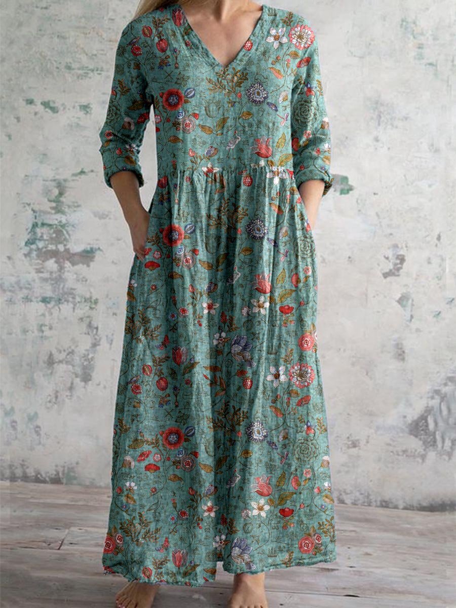 Boho Floral Midi Dress with V Neckline