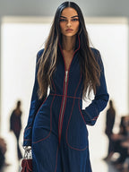Denim Jumpsuit with Red Topstitching and Wide Leg