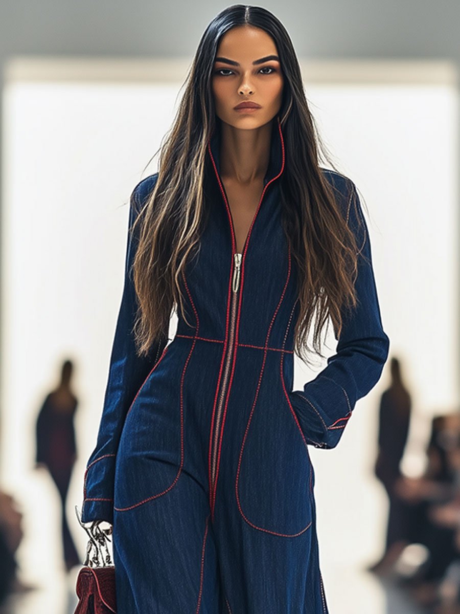 Denim Jumpsuit with Red Topstitching and Wide Leg