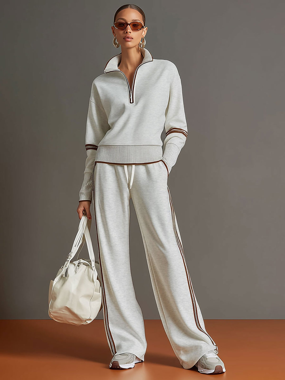 Striped Two Piece Set with Blouse and Wide Leg Trousers