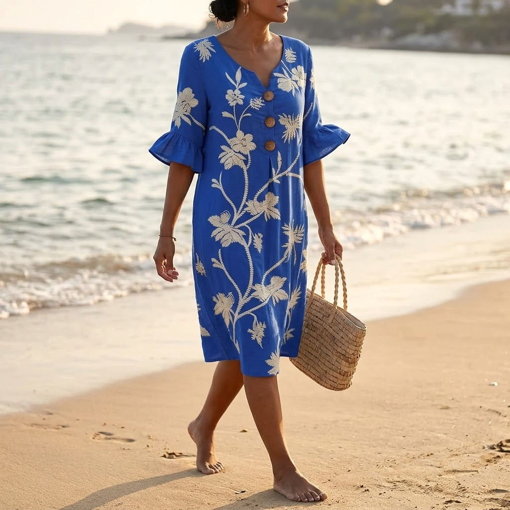 Embroidered Floral Midi Dress with Flutter Sleeves