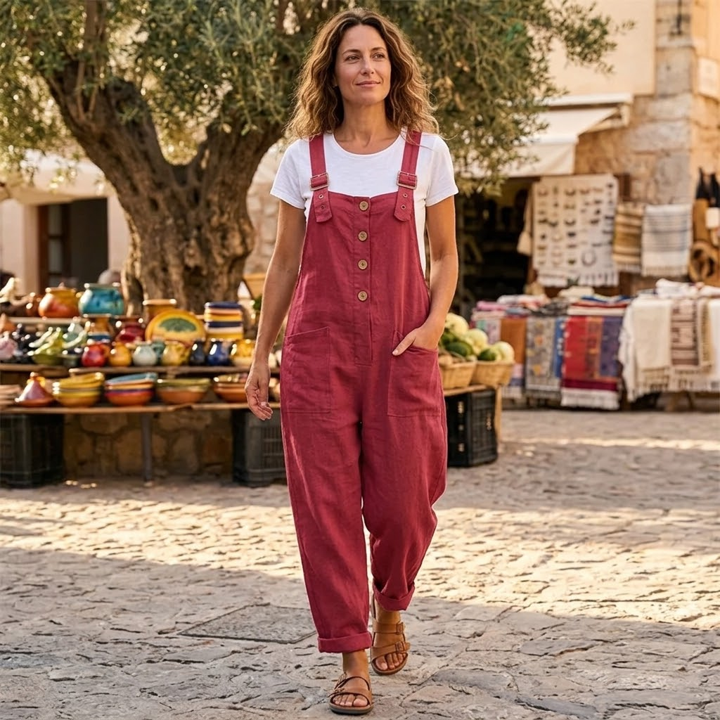 Linen Look Button Front Overalls with Buckle Straps