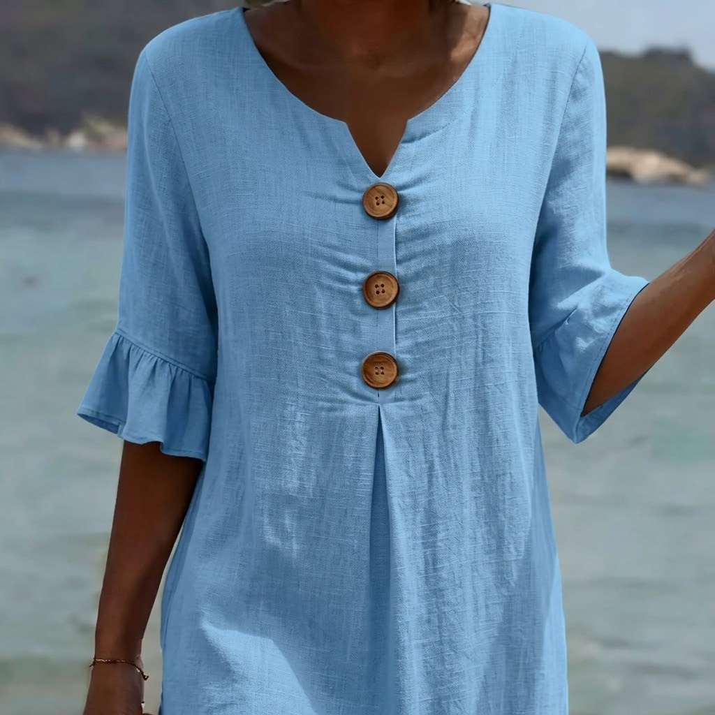 Breezy Midi Dress with Front Pleat and Wood Buttons