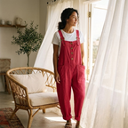 Linen Look Button Front Overalls with Buckle Straps
