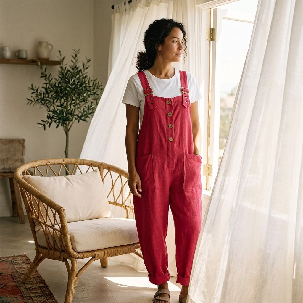 Linen Look Button Front Overalls with Buckle Straps
