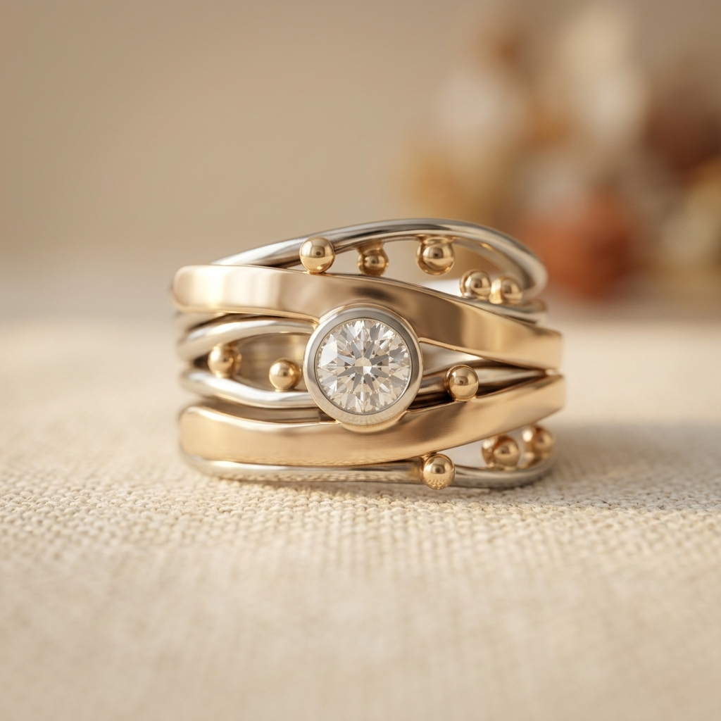 Artisan Inlay Band Ring with Zirconia Accent in Gold Colour
