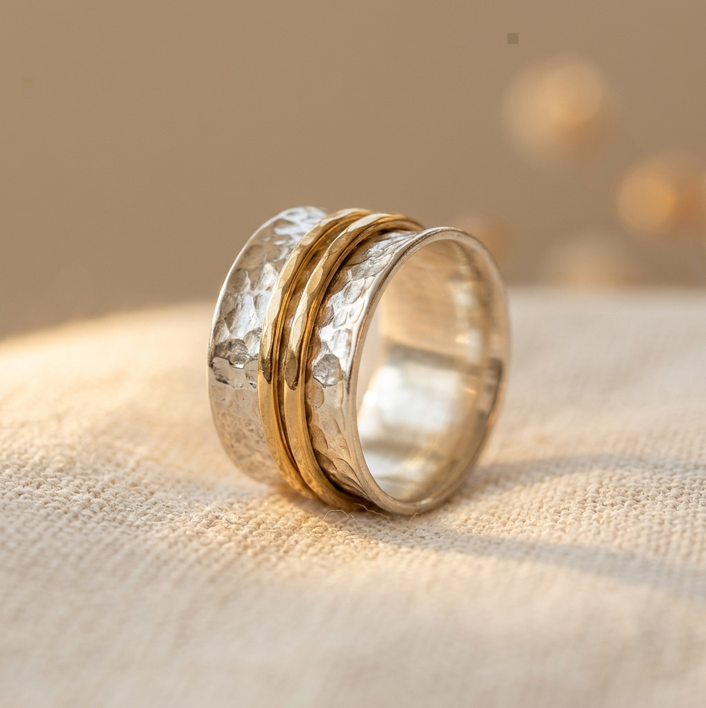 Vintage-Style Textured Two-Tone Artisan Band Ring for Stacking