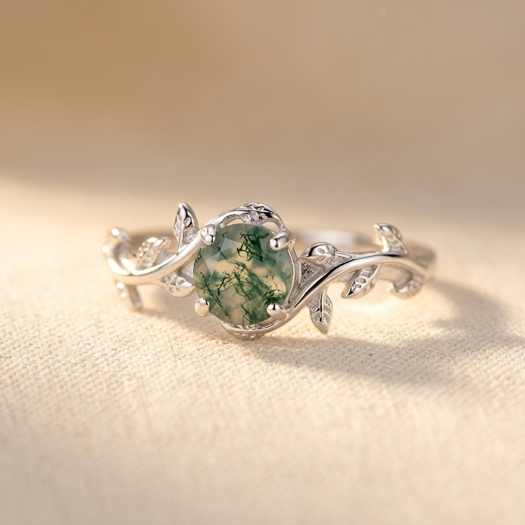 Round Green Speckled Stone Leaf Ring in Silver Colour