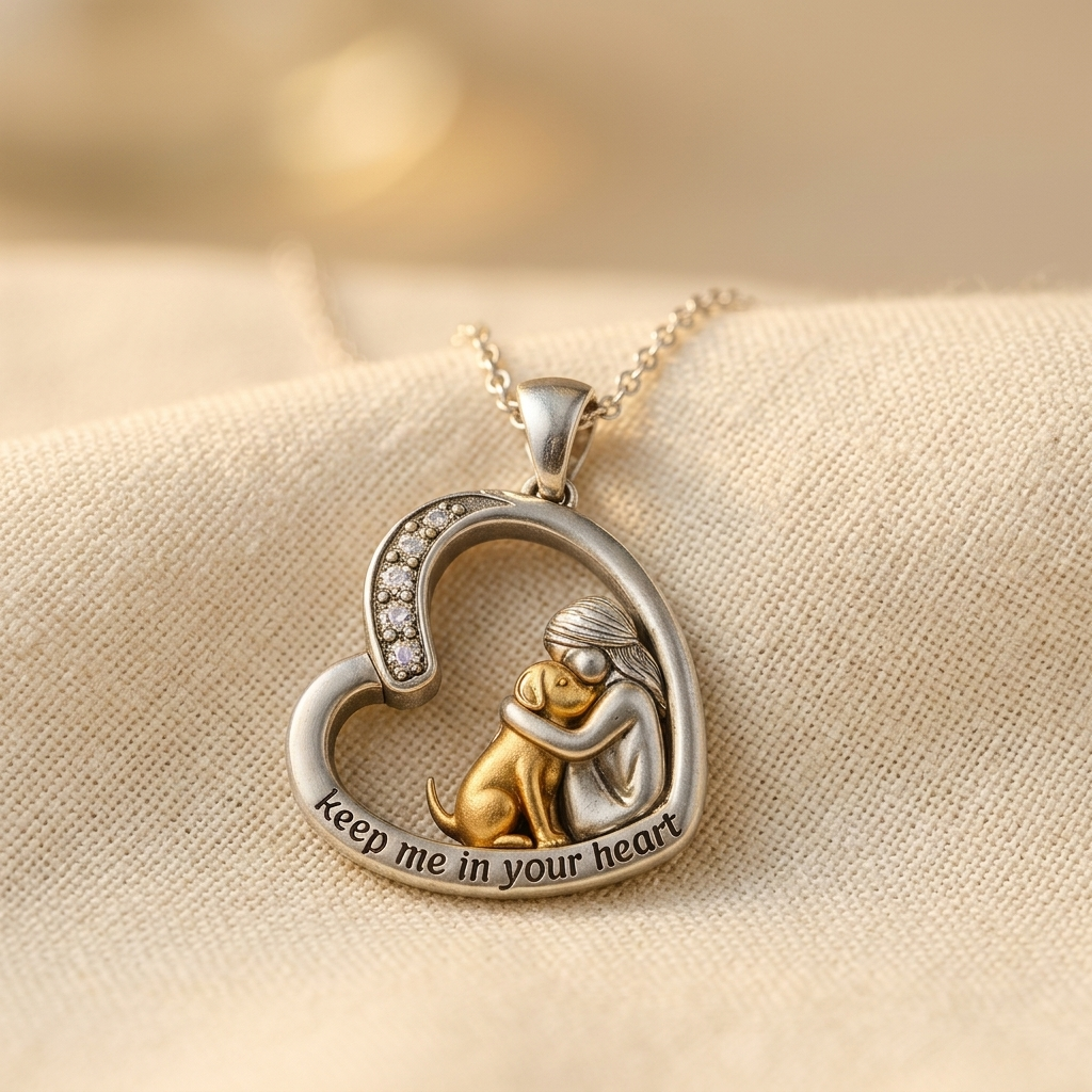 Heart Pendant Necklace with Dog and Zirconia in Silver Colour