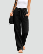 Pantalones de lino de pierna ancha con cintura de cordón regulable