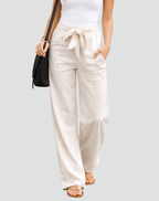 Pantalones de lino de pierna ancha con cintura de cordón regulable