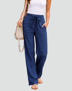 Pantalones de lino de pierna ancha con cintura de cordón regulable