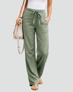 Pantalones de lino de pierna ancha con cintura de cordón regulable