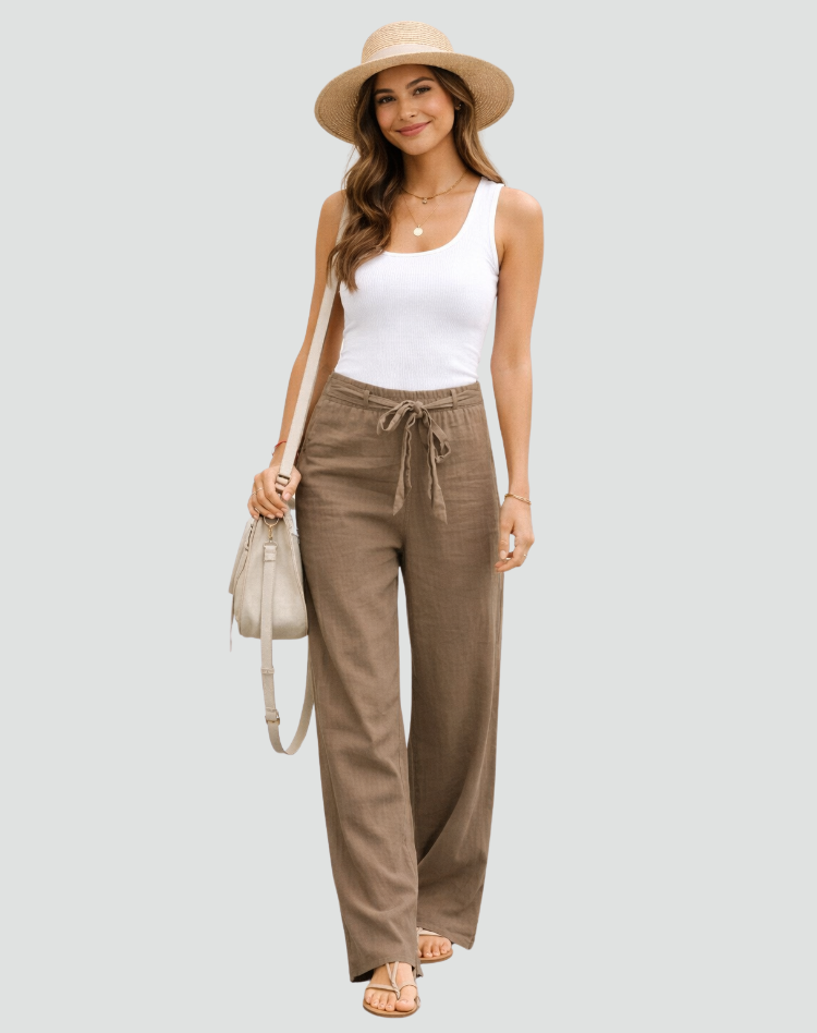 Pantalones de lino de pierna ancha con cintura de cordón regulable