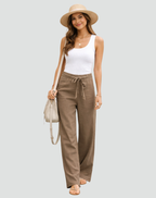 Pantalones de lino de pierna ancha con cintura de cordón regulable