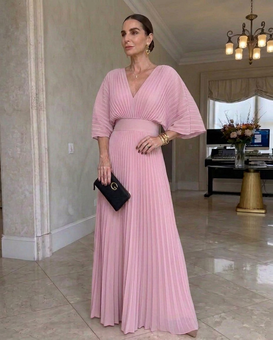 Vestido largo plisado hasta el suelo con mangas murciélago