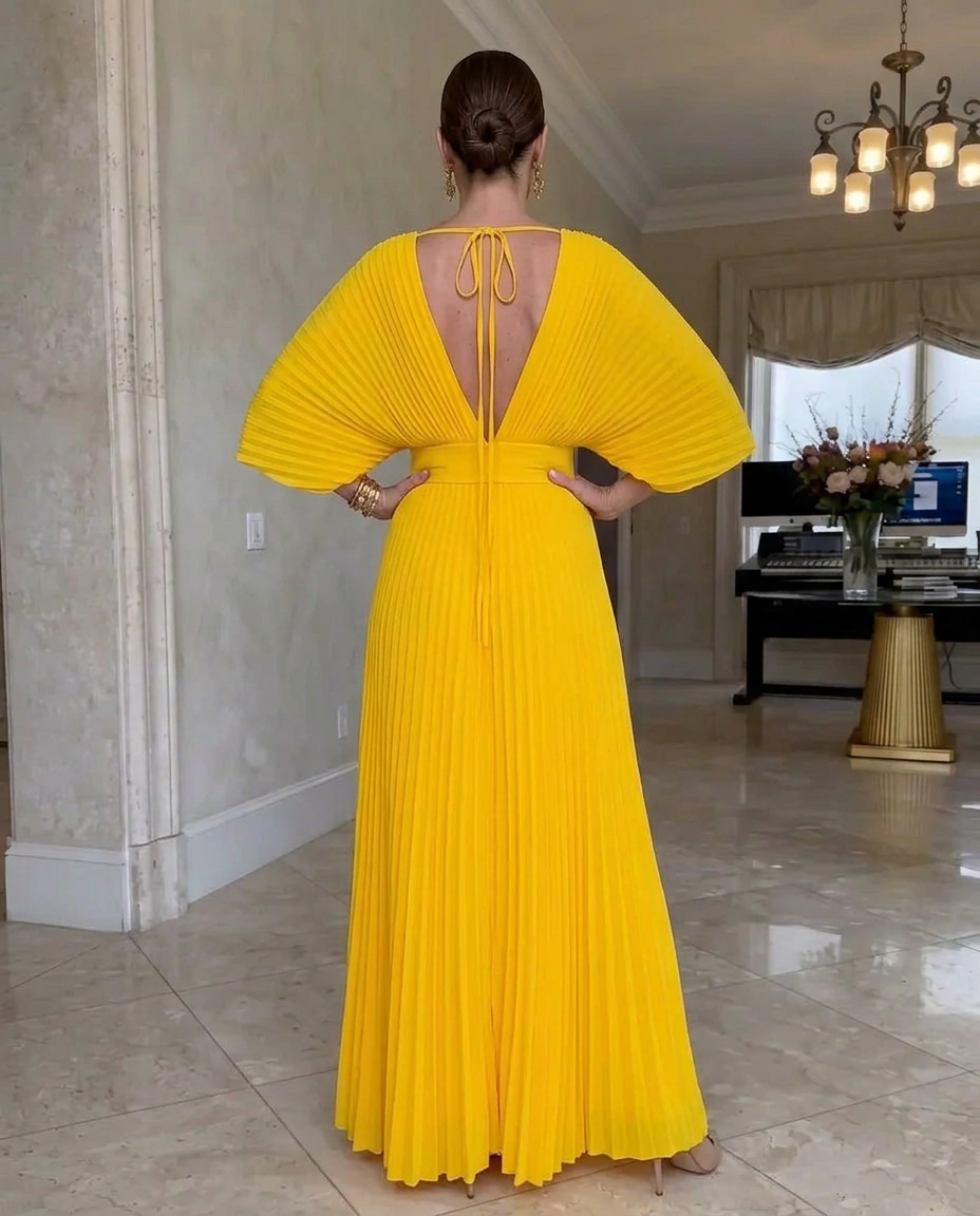 Vestido largo plisado hasta el suelo con mangas murciélago