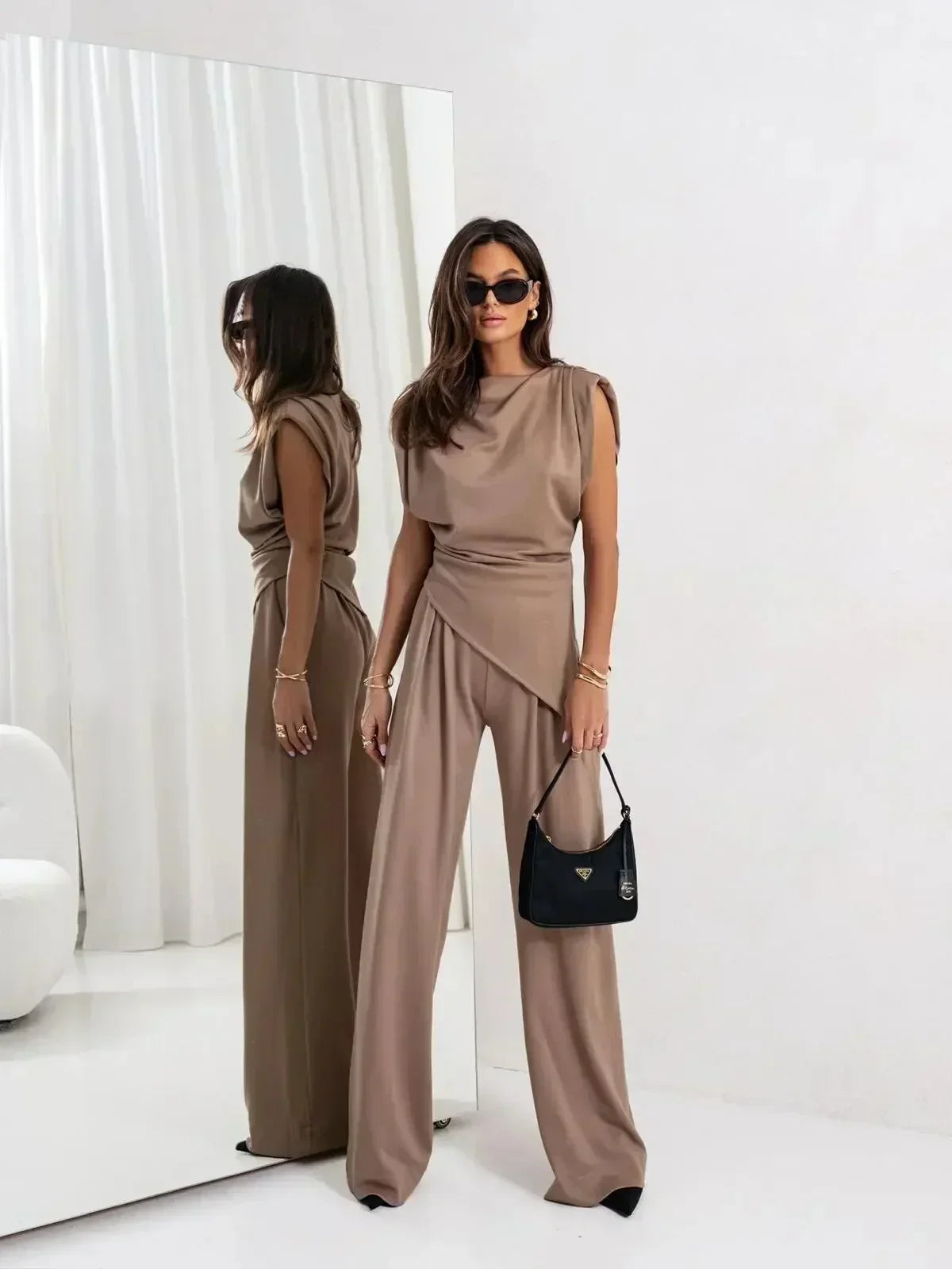 Draped Sleeveless Two Piece Set with Wide Leg Trousers
