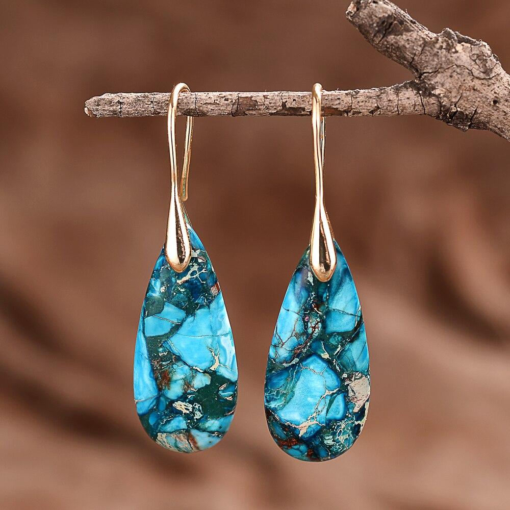 Pendientes artesanales de piedra regalita en forma de gota en azul océano