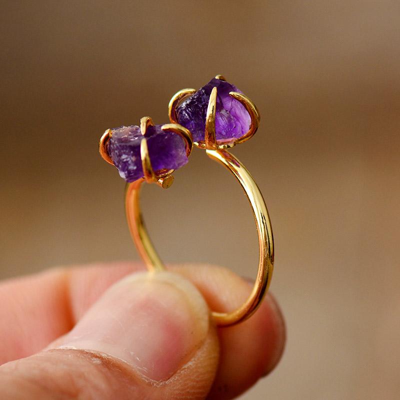 Justerbar ring i råsten med ametist och kvarts