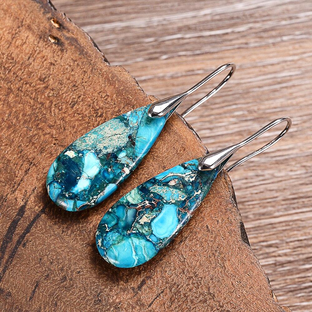 Pendientes artesanales de piedra regalita en forma de gota en azul océano