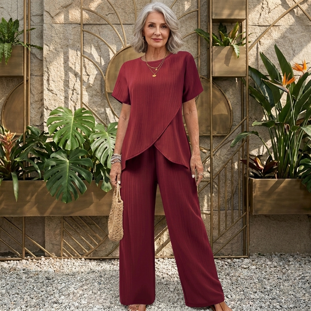 Conjunto de dos piezas de top drapeado y pantalones de pierna ancha