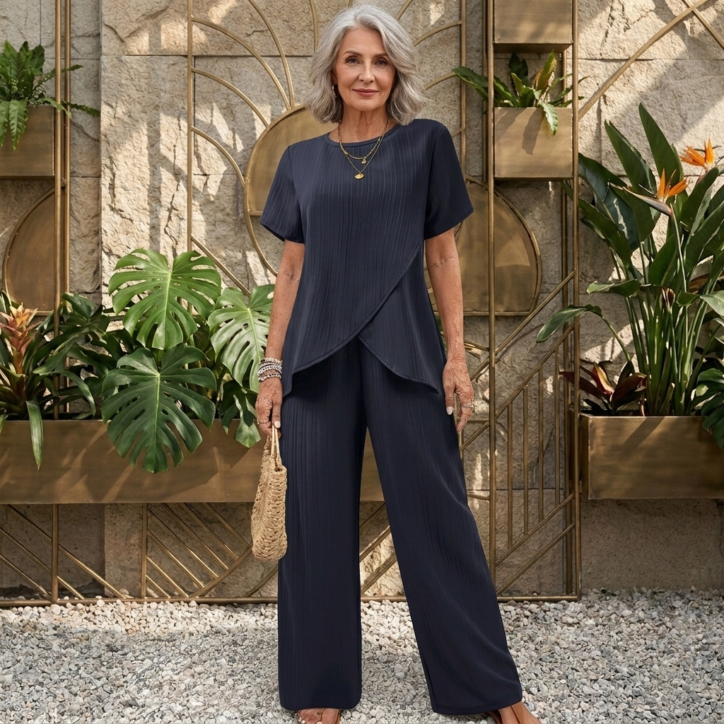 Conjunto de dos piezas de top drapeado y pantalones de pierna ancha