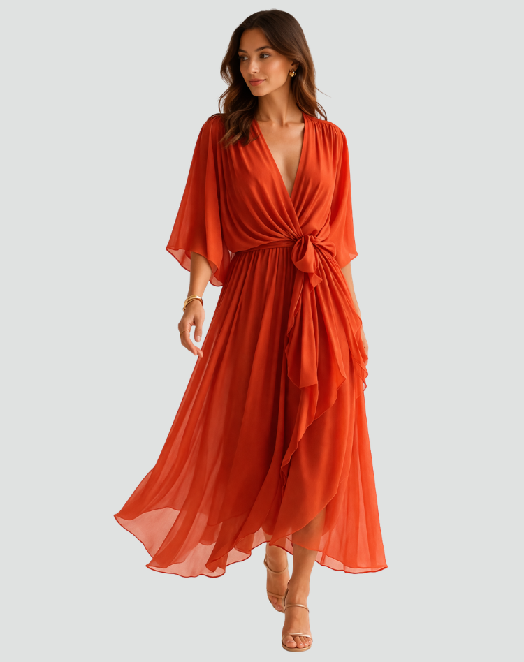 Wrap-Neckline Midi Dress with an Adjustable Tie Waist