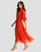 Wrap-Neckline Midi Dress with an Adjustable Tie Waist