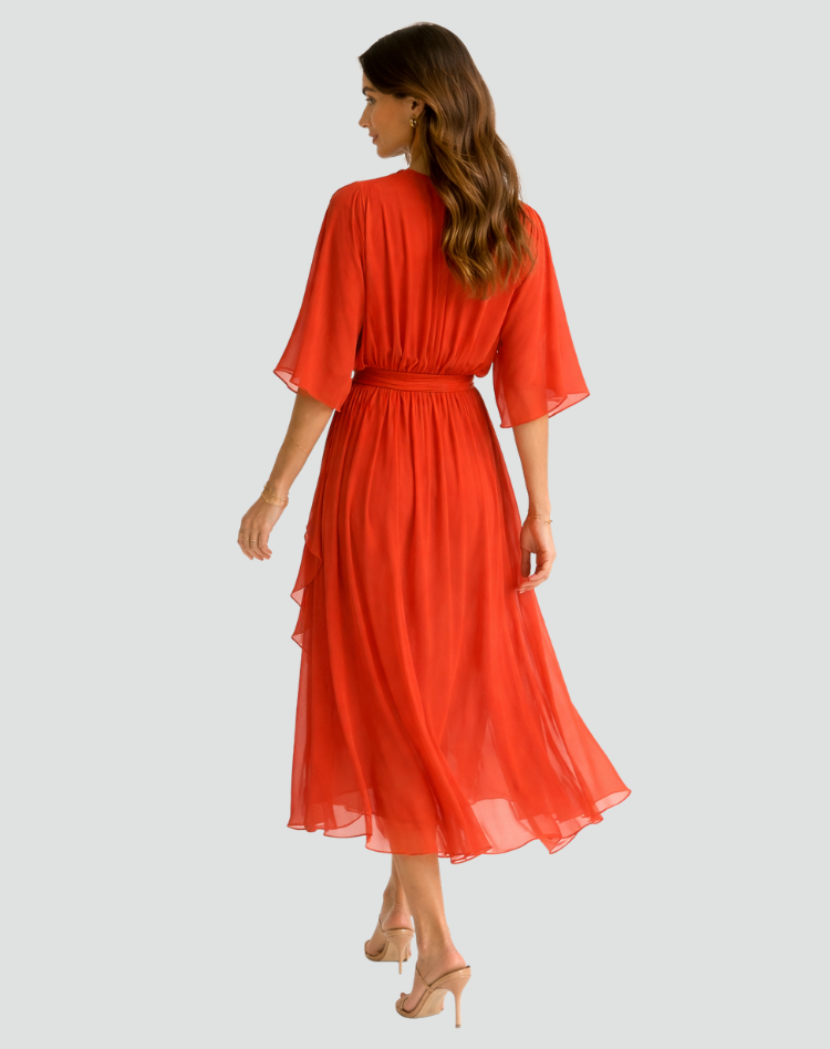 Wrap-Neckline Midi Dress with an Adjustable Tie Waist