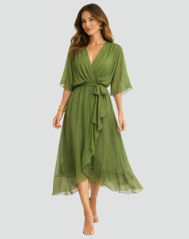 Wrap-Neckline Midi Dress with an Adjustable Tie Waist
