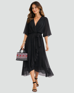 Wrap-Neckline Midi Dress with an Adjustable Tie Waist