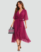 Wrap-Neckline Midi Dress with an Adjustable Tie Waist