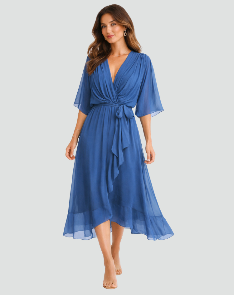 Wrap-Neckline Midi Dress with an Adjustable Tie Waist