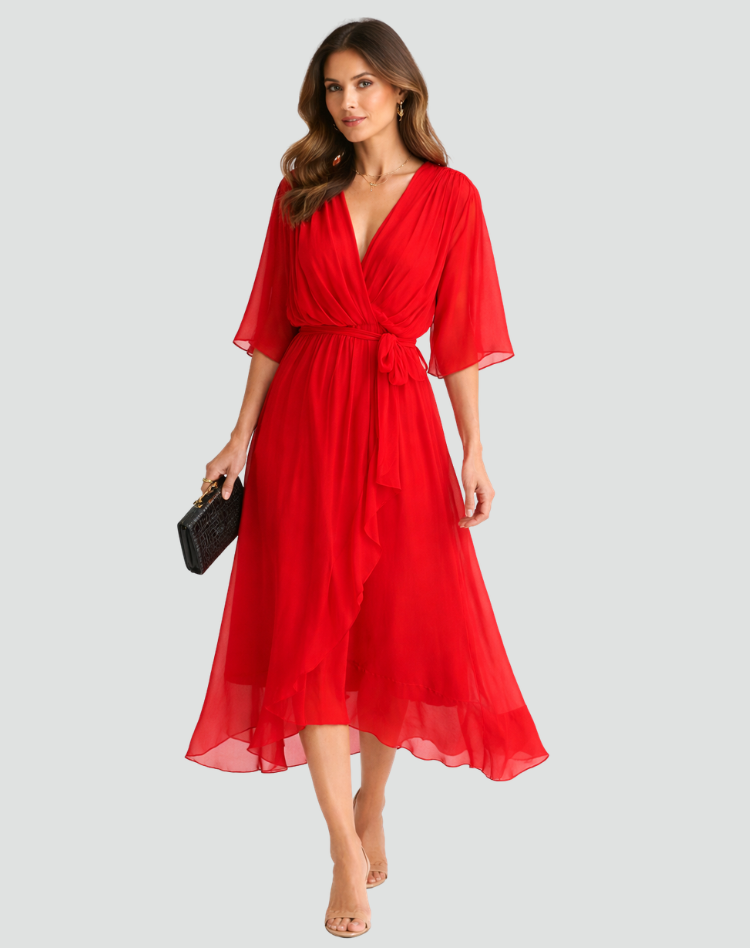 Wrap-Neckline Midi Dress with an Adjustable Tie Waist