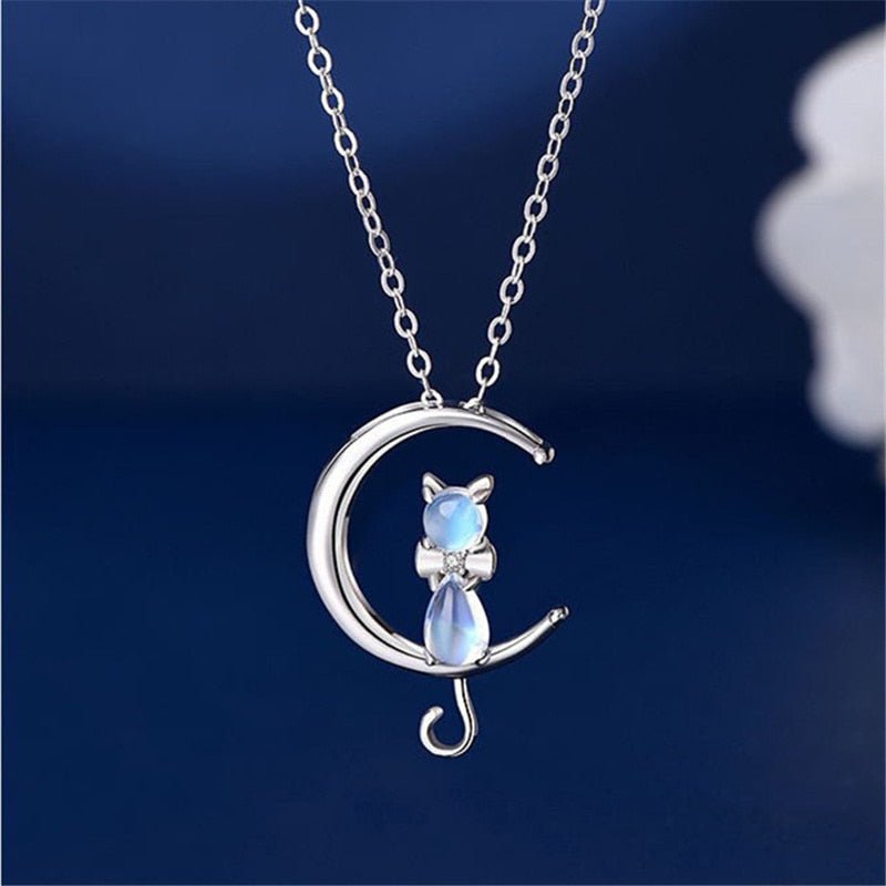 Milky White Stone Crescent Moon and Cat Pendant Necklace
