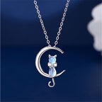 Milky White Stone Crescent Moon and Cat Pendant Necklace