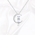 Milky White Stone Crescent Moon and Cat Pendant Necklace